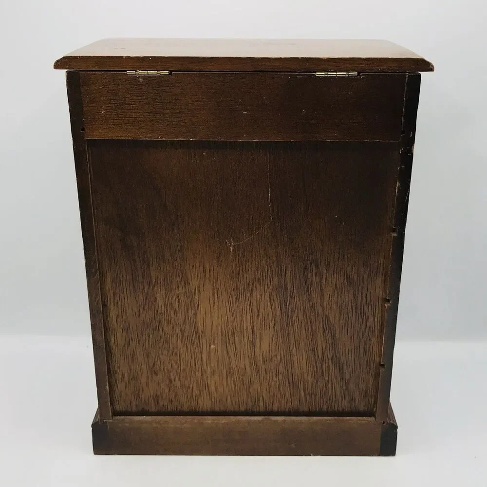 Vintage Wooden Jewelry Box Armoire Etched Glass, Wheel, 4 Drawers, 12.5x10x5 In